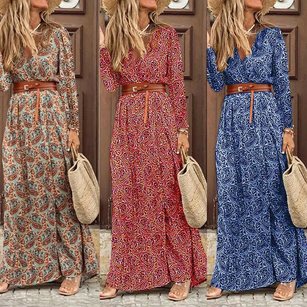 

Ladies Party Wear Fashion Print Cake Skirt Dress Autumn And Winter Long Sleeves V Neck Bohemian Floral Multicolor Dress Women
