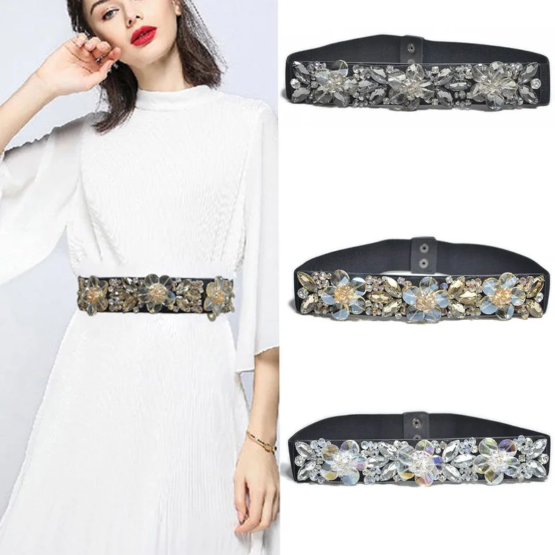 

Fashion Super Shine Black Rhinestone Lady Belt Bling Crystal Flower Women Elastic Belts Female Crystal Ceinture for Dress bg-733