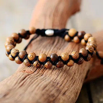 Men Bracelets Vintage Wood Black Cord Braided Bracelet Handmade Mens Beads Punk Friendship Bracelets Couples Gift