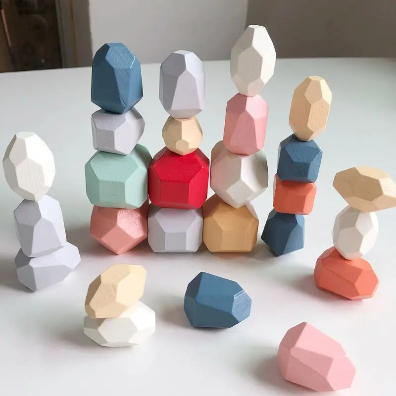 

21 Pcs Children Wooden Colored Stone Stacking Game Building Block Education Toy