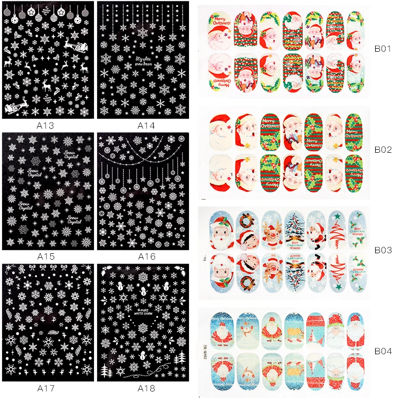 Четыре лилии 3D рождественские наклейки для ногтей Санта Клаус снежный цветок Полный Обертывания дизайн ногтей Водные Наклейки для DIY украшения ногтей