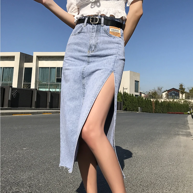 Side Denim Vrouwen Zomer Hoge Taille Lange Jeans Rokken Met Riem Koreaanse Size Sexy Midi Rokken Jupe femme|Rokken| AliExpress