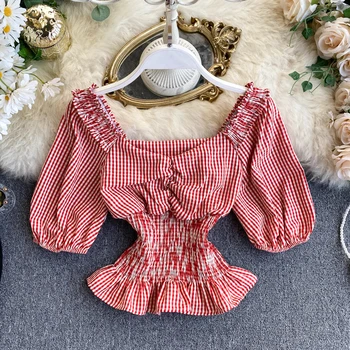 

Korean New Shirt Women's Square Neck Short Sleeve High Waist Short Tops Lady Plaid Clothing Blouse L230