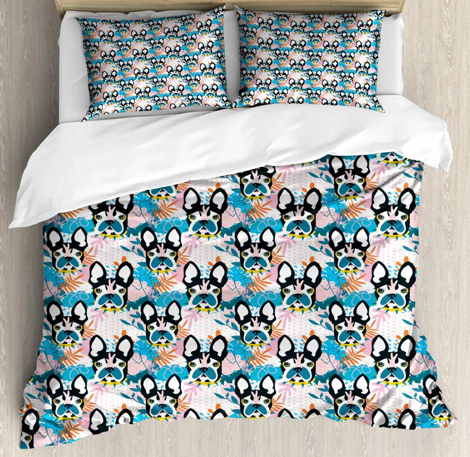 Dogs Duvet Cover Set Abstract And Dog Heads Among Tropical Leaves