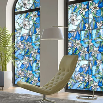 

Lily Pattern Stained Glass Film Static Cling Heat-Control Privacy Protection Multiple Size Window Table Door Cabinet DIY Film