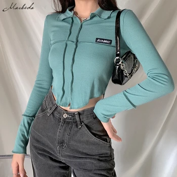 

Macheda Autumn Casual T Shirt Women knitting Slim Fashion Long Slleeve Turn-down Collar clothing Lady Solid Crop Top 2020 New