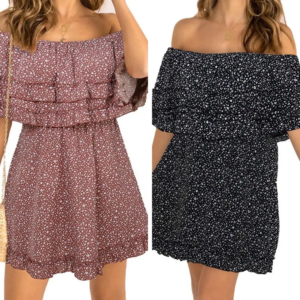 

Yfashion Vetement Ete Femme Woman Dress Off-shoulder Flouncing Leisure Dress with Dots Decorated Mini Sexy Beach Wear
