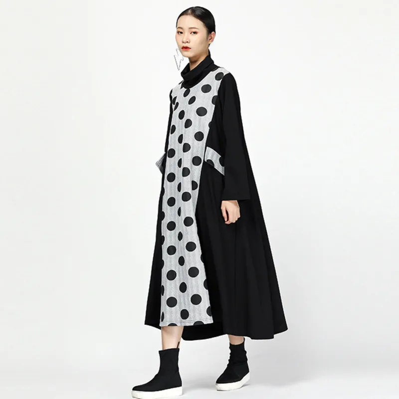 

LANMREM 2020 Fashion Woman Spring Loose Long Sleeve Dot High Collar Dress Personality Female Clothes Original Design TA309