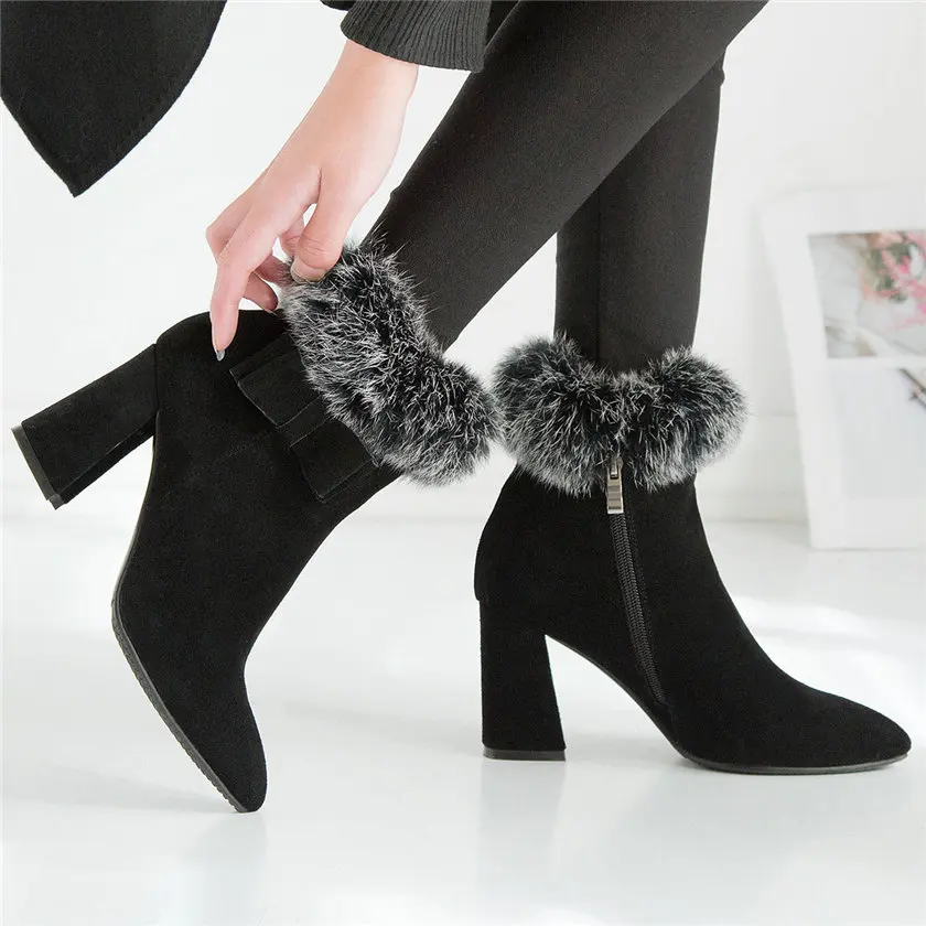 

Winter Pumps Women Genuine Leather Rabbit Fur Chunky High Heels Snow Boots Female Pointed Toe Bowknot Ankle Boots Casual Shoes