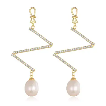 

Fashion Brand Women Hanging Earrings Natural Pearl Z Shape Zircon Ear Accessories Modern Office Lady Statement Drop Earrings