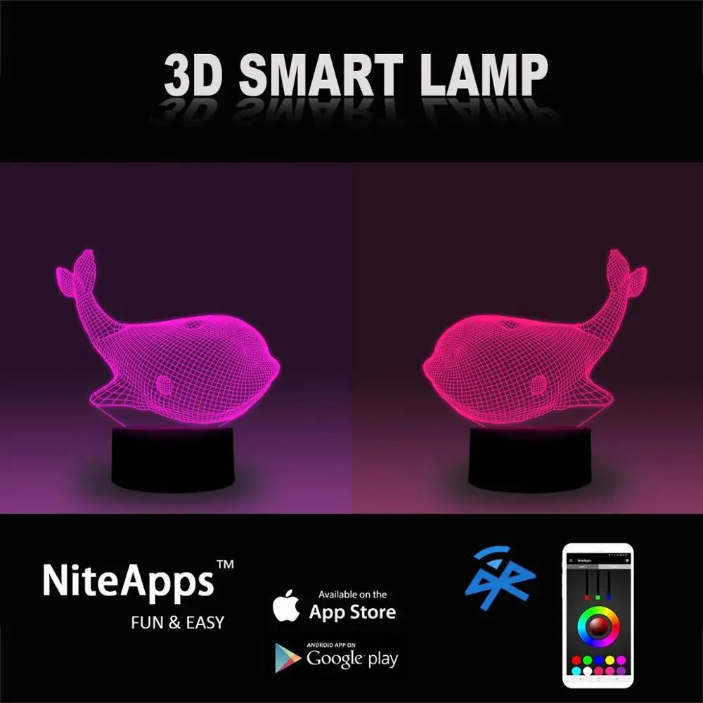 NiteApps 3D Кит светодиодный ночник настольная лампа иллюзия Лампа подарок на день рождения приложение/сенсорное управление