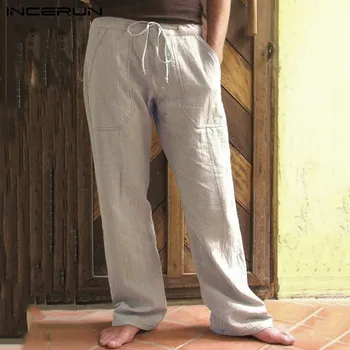 

INCERUN Vintage Men Casual Pants Cotton Drawstring Solid Loose Pockets Joggers Trousers Men Streetwear Long Pants Retro 2020 5XL