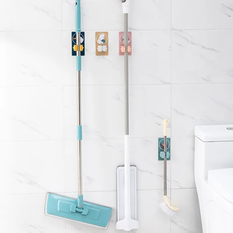 2Pcs Cute Cartoon Kitchen Wall Mounted Mop Strong Hooks Home No punching WC Hooks Holder Brush Broom Bathroom Shower