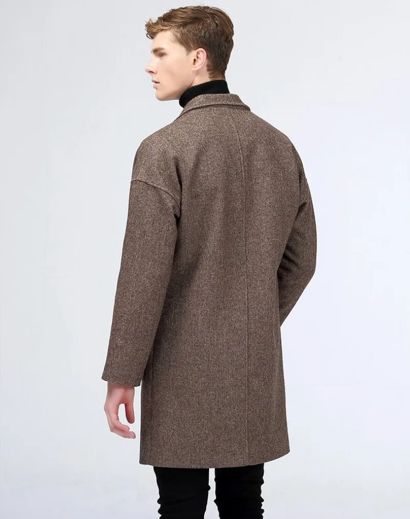 Top Quality Mens Falling Shoulder Single Button Medium Length Windbreaker Fashion Slim Wool Blends Casual Lapel Casaco Masculino