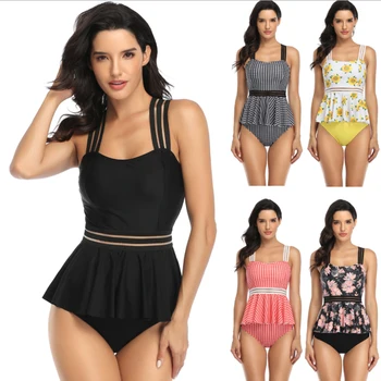 

Ribbon Skirt Printed Split Swimsuit Female Summer Conservative Slim Cover Belly Striped Bikini Fashion Beach Wading Swimsuit