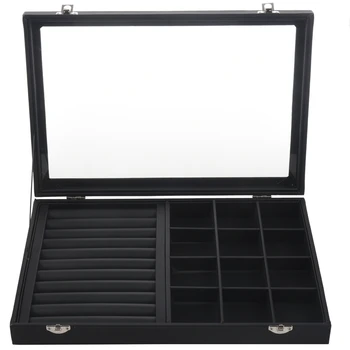 

Big PU Black Carrying Case with Glass Cover Jewelry Ring Display Box Tray Holder Storage Box Organizer Earrings Ring Bracelet Bo
