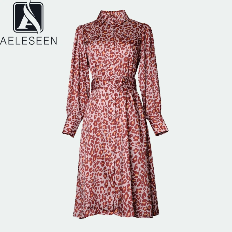 AELESEEN, Подиумные дизайнерские леопардовые платья,, весна-осень, женское элегантное платье миди с длинным рукавом и поясом
