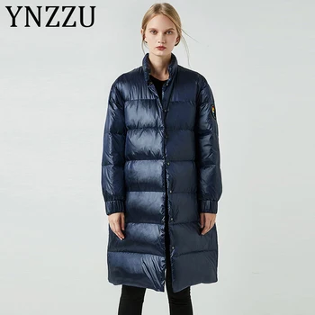 

YNZZU Bright Stand Collar Mid-Long 2019 Winter Jacket Women Fluffy 90% White Duck Down Coat Warm Female Puffer Jacket A1353