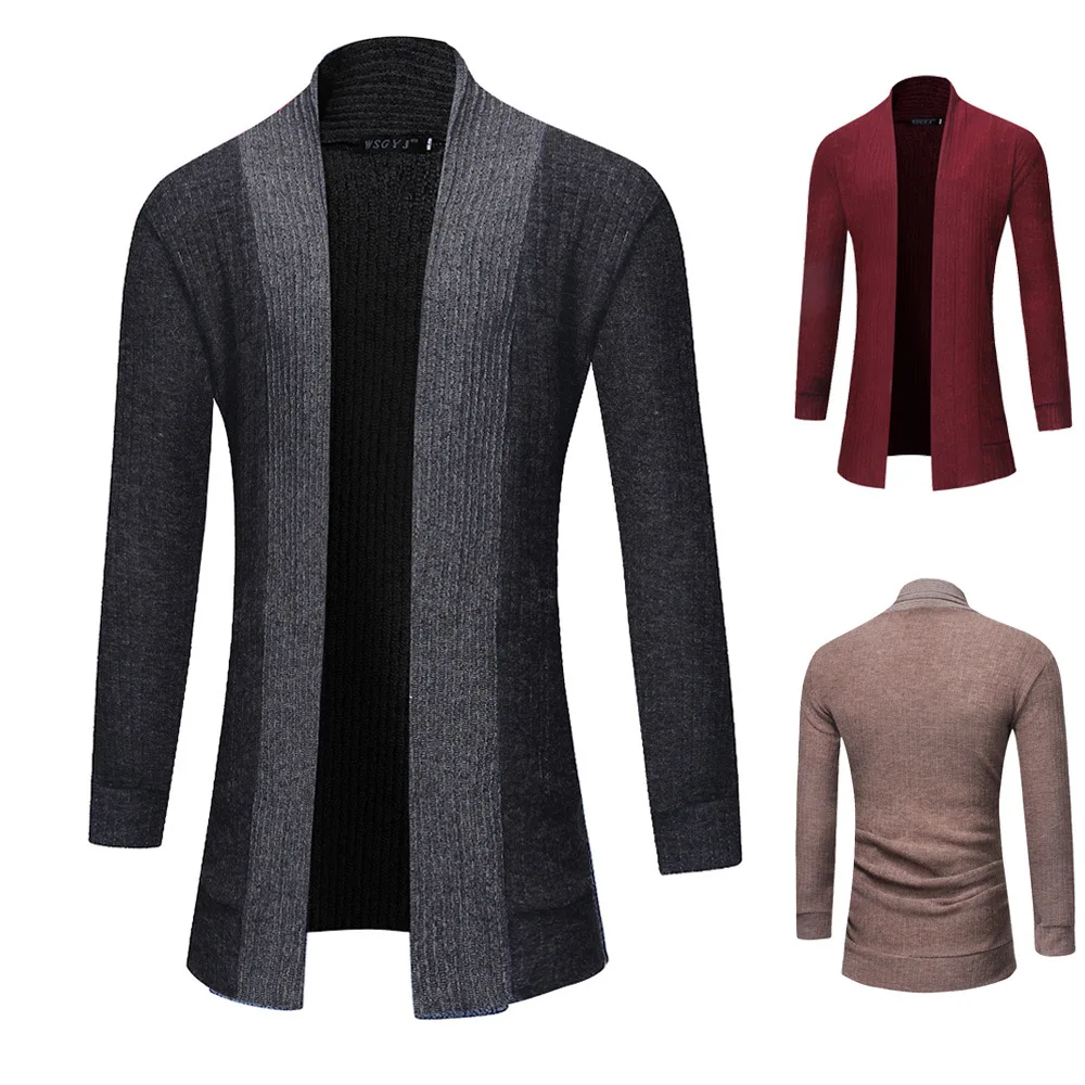 

2018 New Style Men Fashion Solid Color Cardigan Mid-length Versatile Sweater Coat 7466