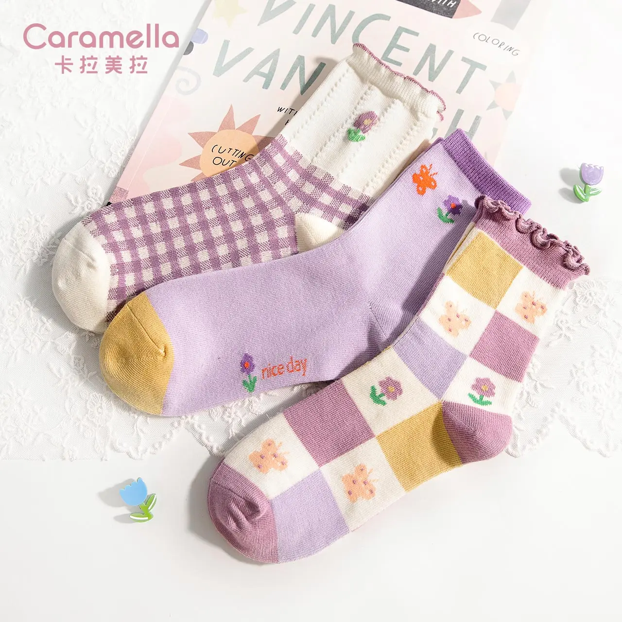 2021 Caramella New Pattern Women Socks 3pairs/lot Spring Summer Cotton Socks Funny Cartoon Squirrel Socks Lace Flower Socks