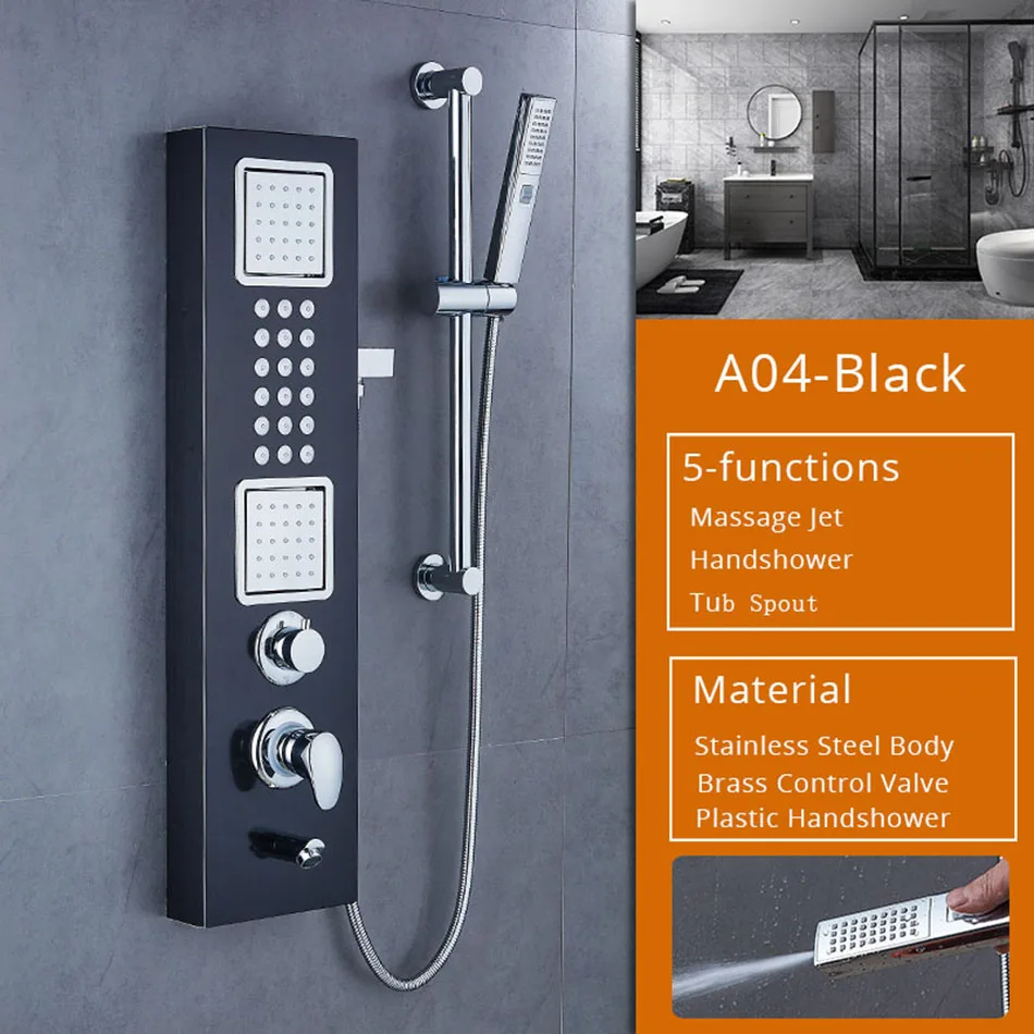 Black A04 Черная душевая колонна в стене для ванны, смесители для душа с массажем тела, струйная душевая панель для ванной, золотой душевой кран, набор ручного душа - Цвет: Black A04