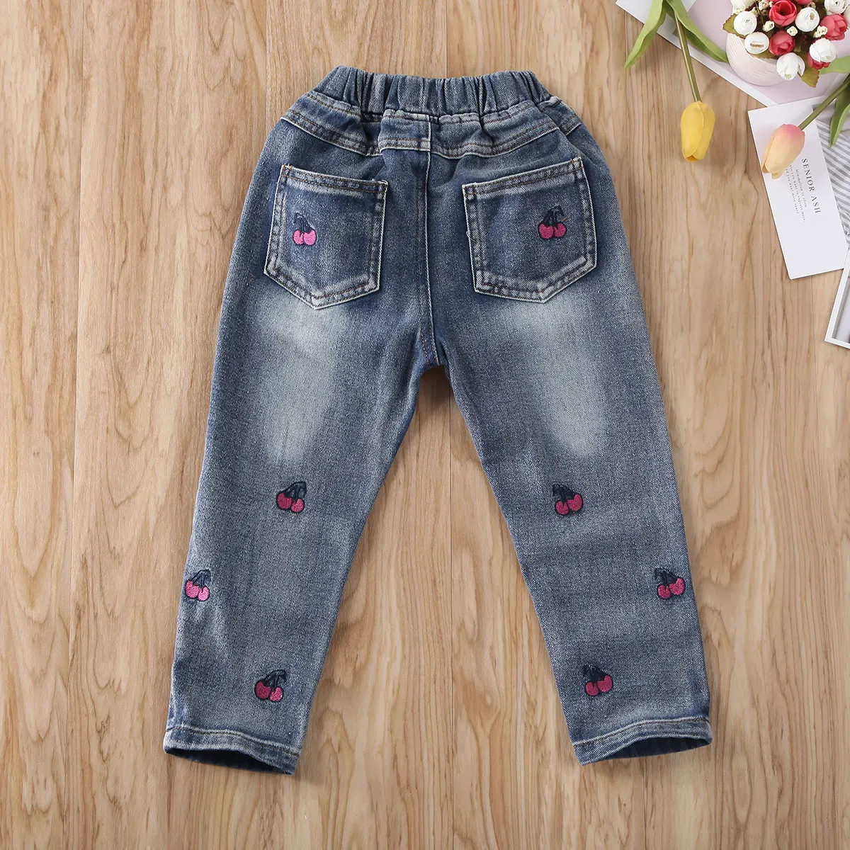 Children Pants Jeans Toddler Kids Baby Girls Cherry Embroidery Denim Pants Jeans Long Print Autumn Spring Trousers Clothes 2-7Y