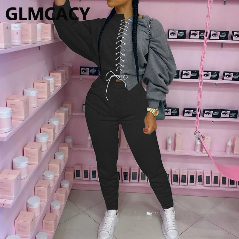 Women Two Piece Colorblock Tracksuits Long Puff Sleeve Lace Up Sweatshirt and Casual Pants Set |
