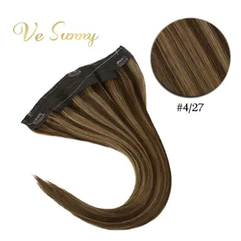 

VeSunny One Piece Invisible Halo Hair Extensions 100% Real Human Hair Flip in Wire with 2 Clips on Highlighted Brown Color P4/27