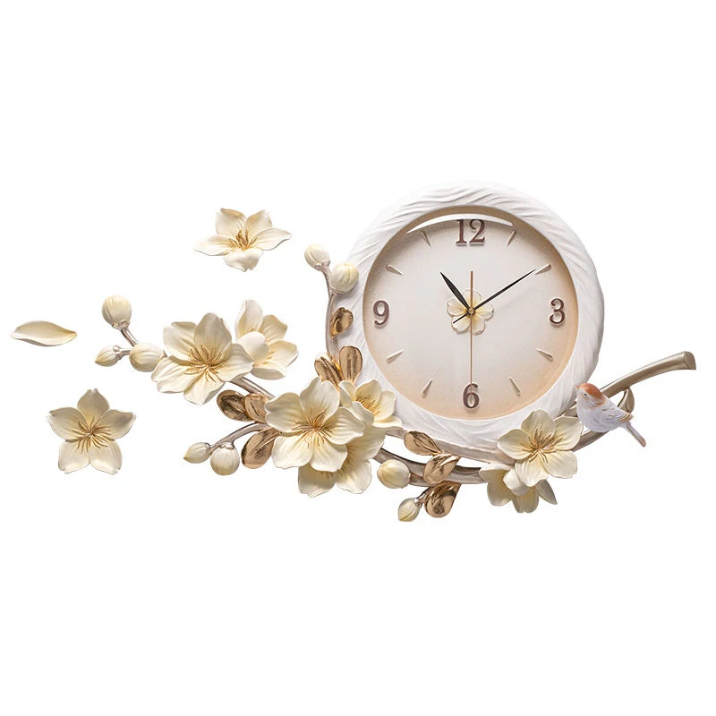 Ceramic Resin Flower Bird Wall Clock Pastoral Wall Mirror Sticker