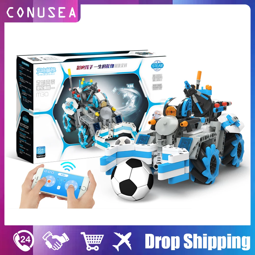 DIY 489Pcs App Voice Control Remote Car Rc Robot Building Blocks Remote Programming Radio Control Soccer Storm Toy Boys app remote control excavator engineering car building blocks city high tech rc forklift vehicle creator bricks toys for children