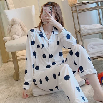 

2020 Spring Premium Pajama Sets For Women Cotton Good Quality Lapel Pajamas For Woman Loose Comfort Night Sleepwear