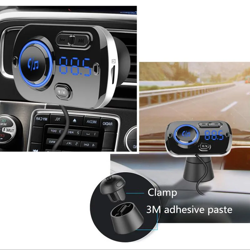 QC3.0 Dual USB Fast Charge FM Transmitter Auto Wireless Handsfree Bluetooth Car Kit Atmosphere Light MP3 Player 1179438
