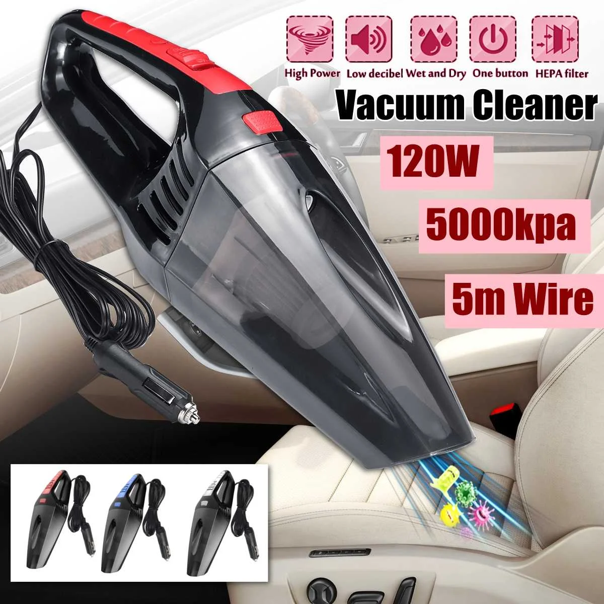 

120W 5000kpa Led Portable Wet and Dry Handheld Duster Wired Car/Home Dual-Use Vacuum Cleaner 12V Handheld Rechargeable