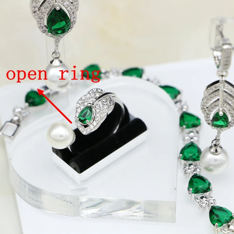 925 Silver Jewelry Sets Natural Green Cubic Zirconia White Pearl For Women Drop Earrings/Ring/Pendant/Necklace Set