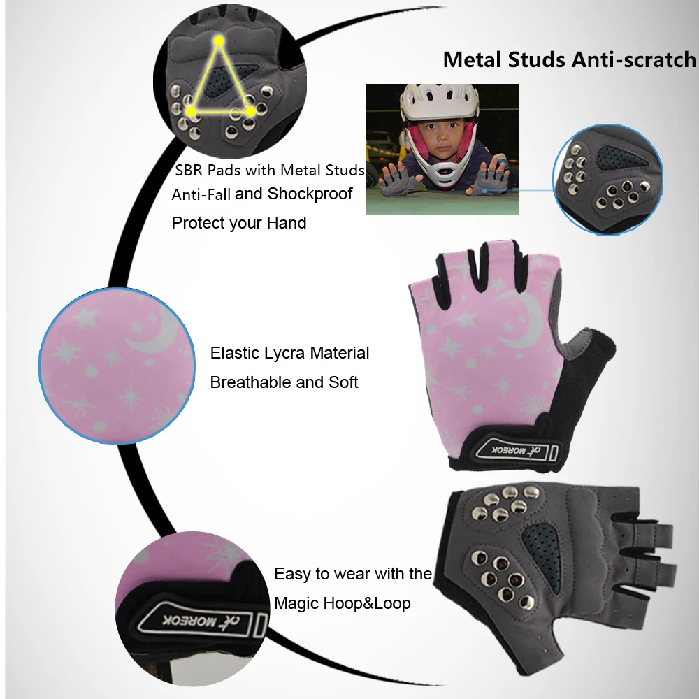 MOREOK Kids Gloves Half Finger Breathable Protective Pads Bike Cycling Skating Skateboard Gloves for Boys Girl 3-10 Years old 2
