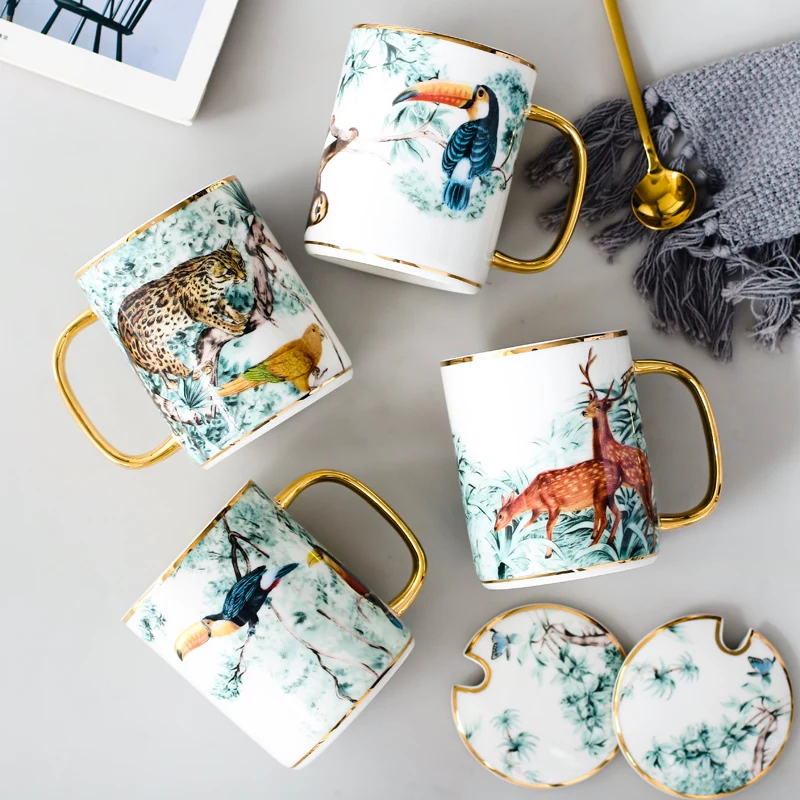 Креативная керамическая кружка в английском стиле с золотыми животными, Скандинавская чайная чашка наборы кофейных чашек с Ложка Крышка, кафе, домашний чай, кружка