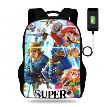 

17inch Mochilas Super Mario Bro Peach Princess Print Backpack Teenager Boys &Girls Kids USB Port Students Children School Bags