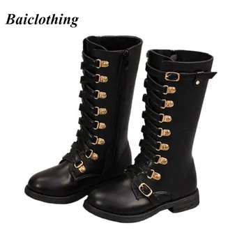 

Genuine leather Girls Boots Fashion Female Children Snow Boots Waterproof warm long-cylinder Children Boots black princess Boots