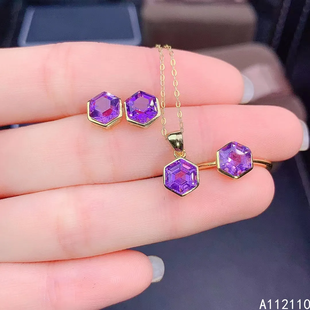 

Fine Jewelry 925 Pure Silver Inset With Natural Gem Women's Luxury Popular Hexagon Amethyst Pendant Ring Earring Set Support Det