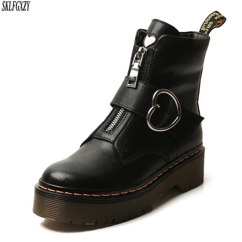 

Thick Bottom Genuine Leather Martin Boots Side Zip British Women's Winter Warm Boots Muffin Bottom Lace up Tooling Boots
