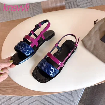 

Rome Sandals Women Leather Braided Sandalia Ladies Mixed Color Weave Casual Beach Shoes Female Flat Comfort Shoes Woman Summer
