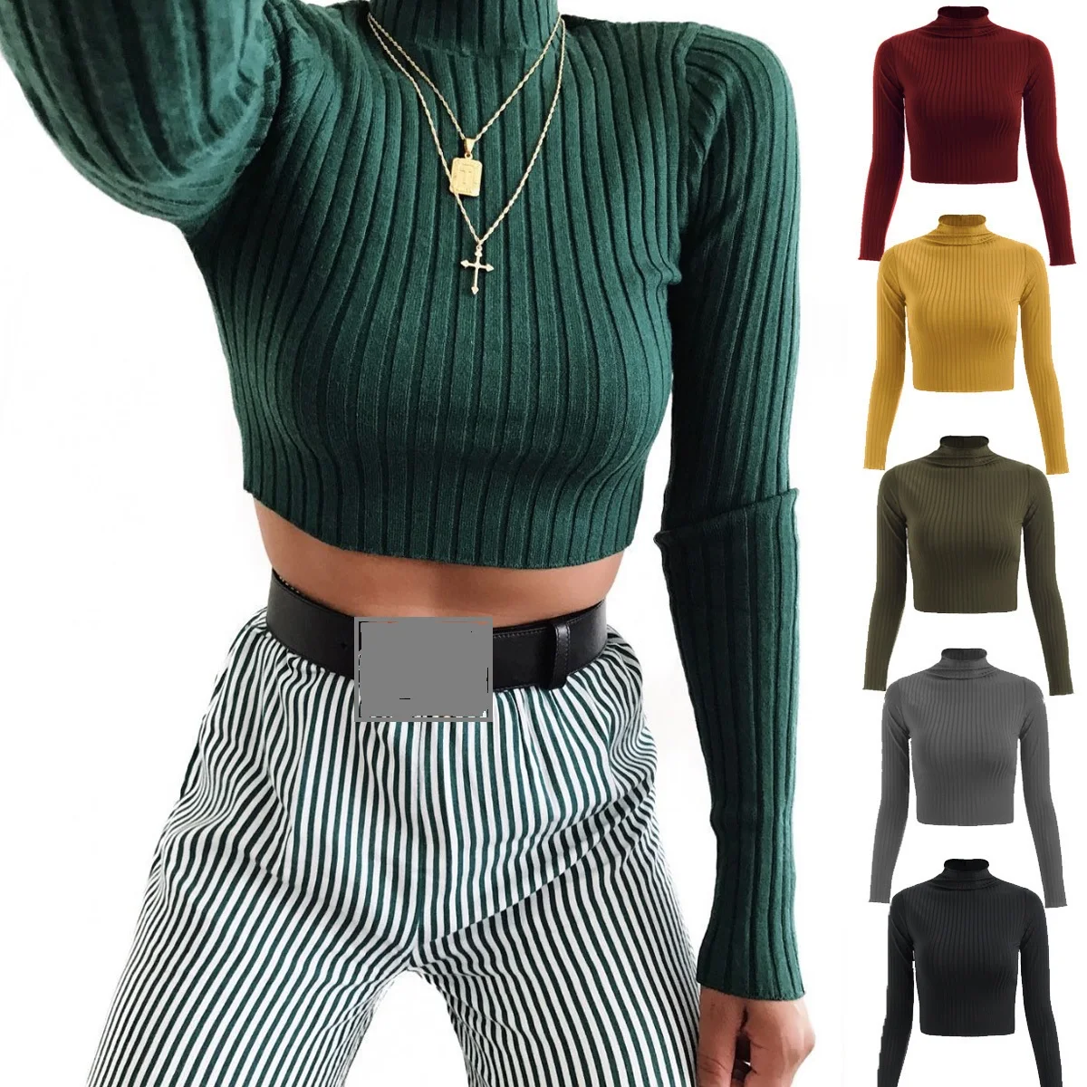 

Turtleneck Sweaters Sexy Cropped Tops Women Autumn Winter Ribbed Jummers Lady Knitted Pullovers Short Solid Sweaters S294