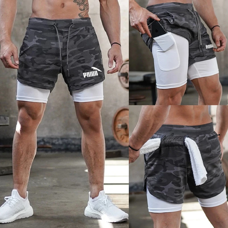 

Double layer jogger shorts male 2 in 1 short pants gyms fitness built-in pocket shorts quick drying beach shorts male sweatpants