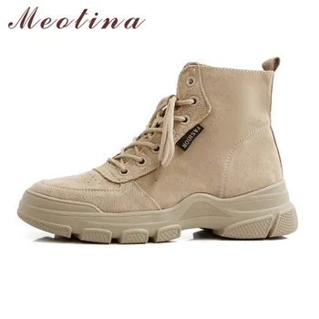 

Meotina Winter Ankle Boots Women Pig Suede Flat Platform Short Boots Real Leather Lace Up Round Toe Shoes Lady Autumn Size 34-39