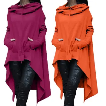 

Hot Fashion Lady Solid Color Long Sleeve Asymmetrical Hem Fishtail Hooded Hoodie Sweatshirt Cotton and Spandex Women's Hoodie