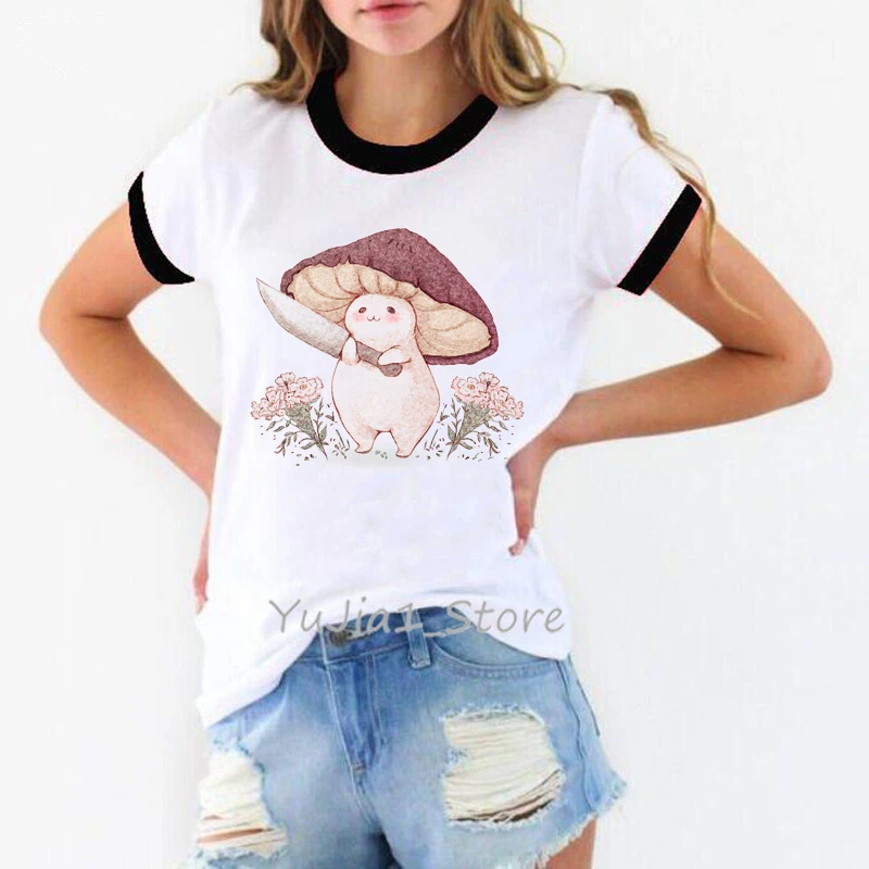 Let Me See What You Have Little Mushroom Print Tshirt Women'S Clothing 2024 Funny T-Shirt Femme Harajuku Shirt Summer Tops Tee