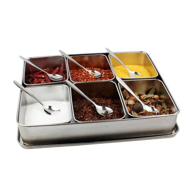 Японский набор коробок для приправ из нержавеющей стали, креативная банка для приправ, 6 решеток с крышкой, кухонная коробка для специй