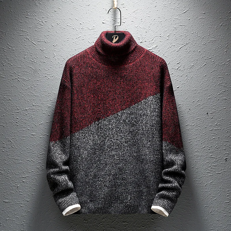 Winter Turtleneck Sweater Men Warm Fashion Contrast Casual Knit Sweter Clothes Man Streetwear Loose Long Sleeve Pullover Men
