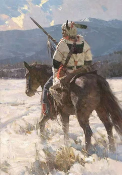 

Old painter hand painted on canvas: primitive European and American residents, indigenous warriors riding horses