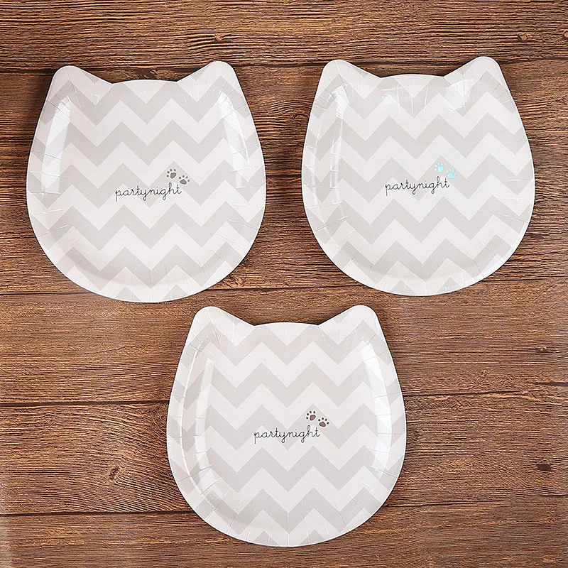 

20/10pcs Party Decorations Disposable Cat Shape Paper Tray Paper Plate Paper Bowl Striped Environmentally Friendly 7 inch
